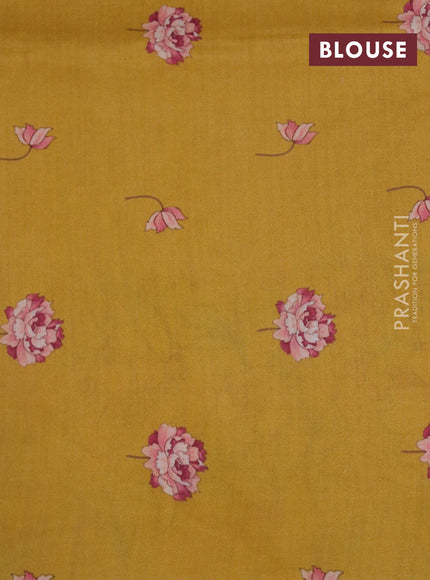 Banarasi silk saree mustard yellow with allover zari woven brocade weaves and floral digital printed border