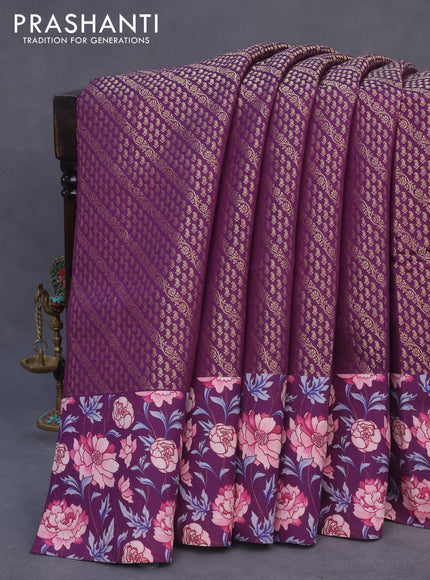 Banarasi silk saree deep purple with allover zari woven brocade weaves and floral digital printed border