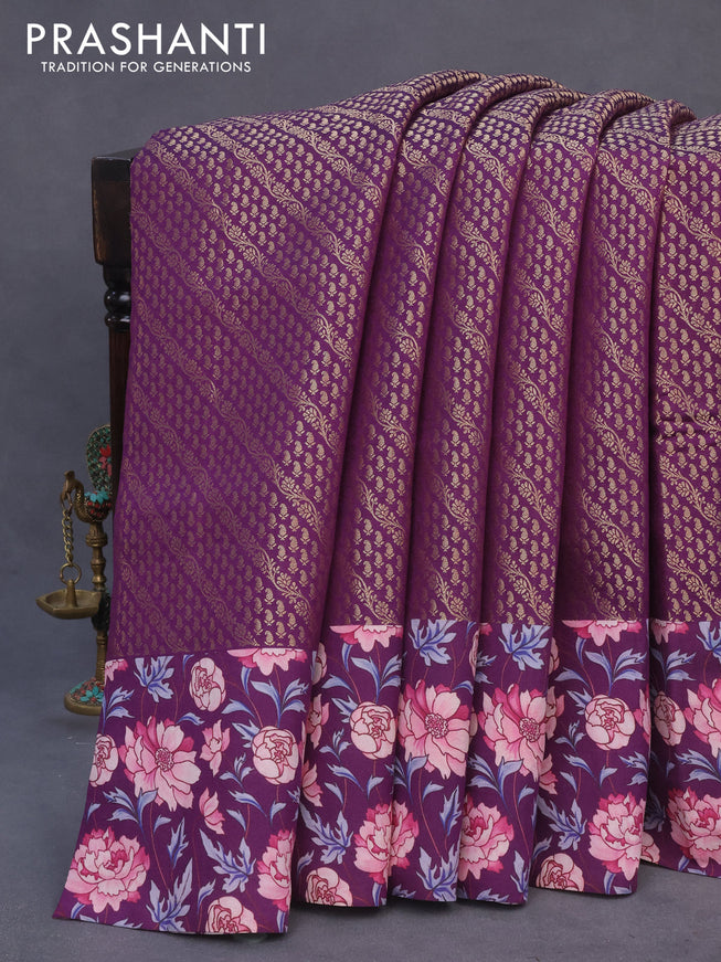 Banarasi silk saree deep purple with allover zari woven brocade weaves and floral digital printed border