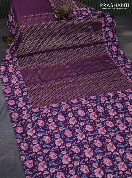 Banarasi silk saree deep purple with allover zari woven brocade weaves and floral digital printed border