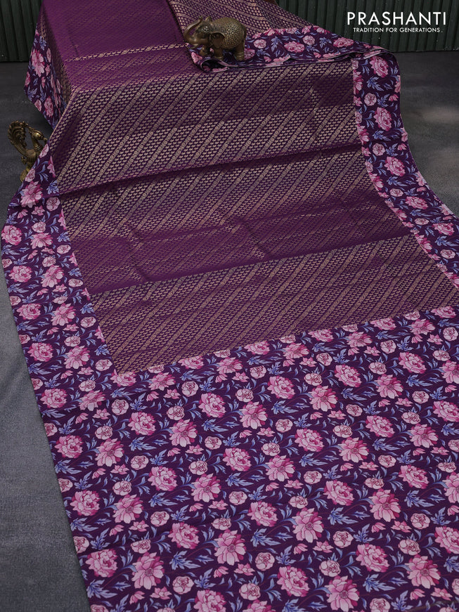 Banarasi silk saree deep purple with allover zari woven brocade weaves and floral digital printed border