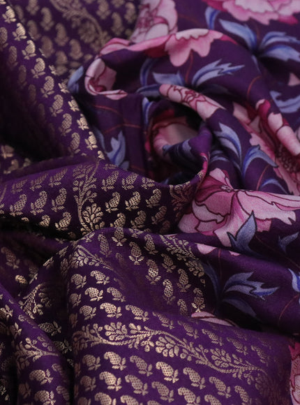 Banarasi silk saree deep purple with allover zari woven brocade weaves and floral digital printed border