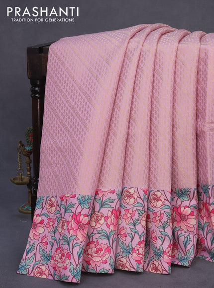 Banarasi silk saree lotus pink with allover zari woven brocade weaves and floral digital printed border