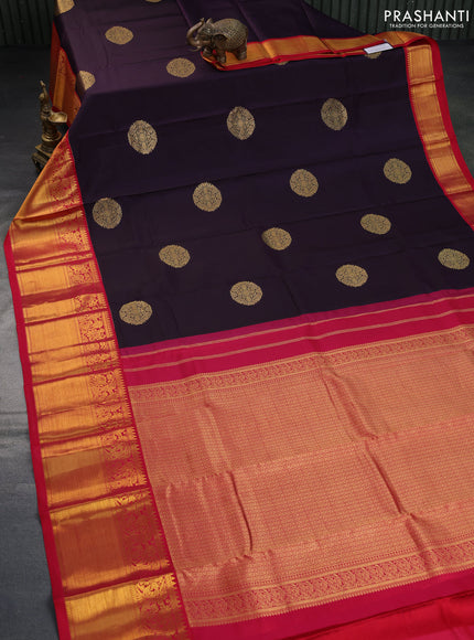 Pure kanchipuram silk saree deep purple and reddish pink with zari woven buttas and long zari woven korvai border