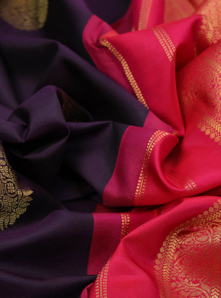 Pure kanchipuram silk saree deep purple and reddish pink with zari woven buttas and long zari woven korvai border