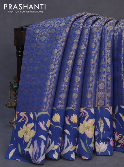 Banarasi silk saree peacock blue with allover zari woven brocade weaves and floral digital printed border