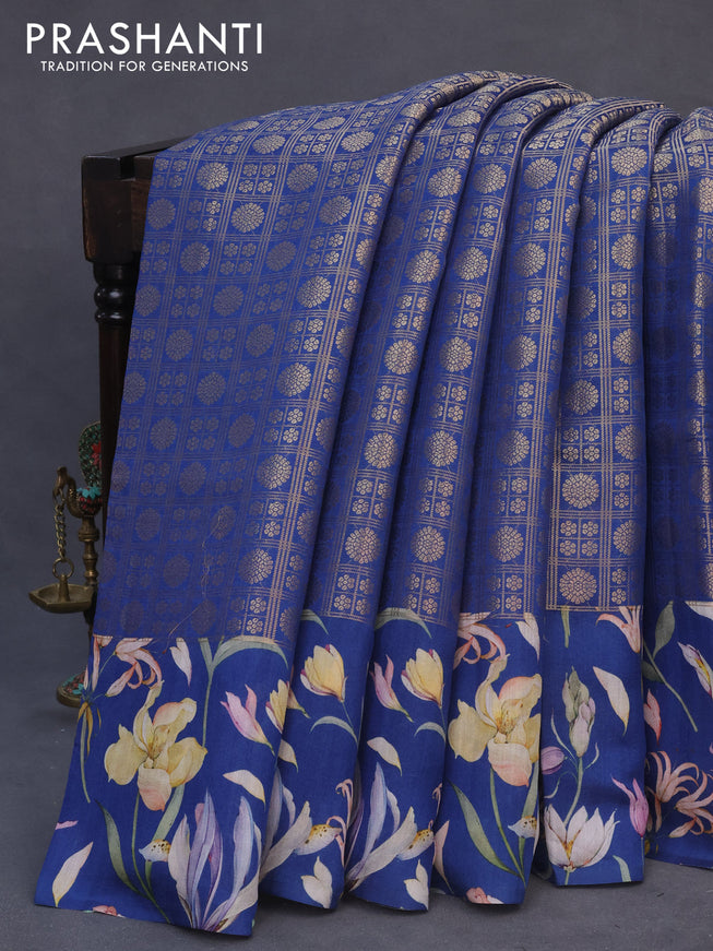 Banarasi silk saree peacock blue with allover zari woven brocade weaves and floral digital printed border