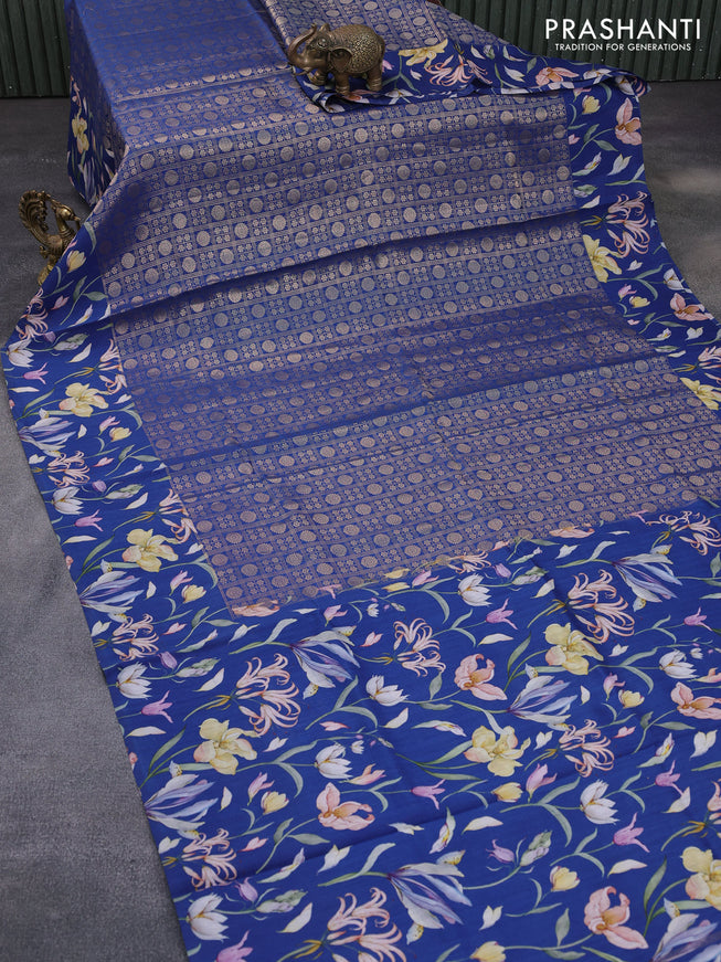 Banarasi silk saree peacock blue with allover zari woven brocade weaves and floral digital printed border