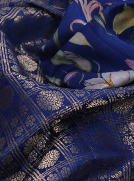 Banarasi silk saree peacock blue with allover zari woven brocade weaves and floral digital printed border