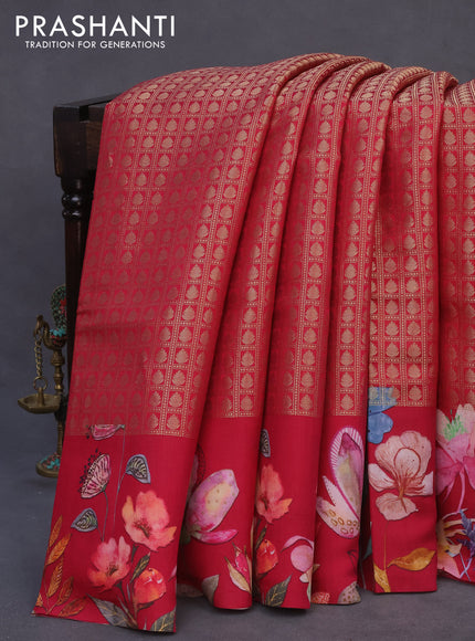 Banarasi silk saree dark pink with allover zari woven brocade weaves and floral digital printed border