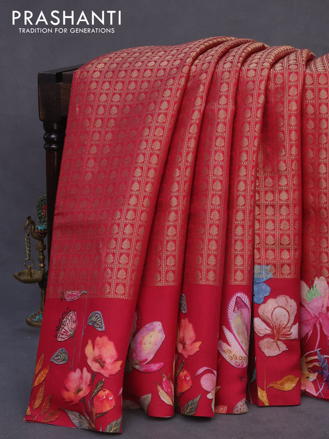 Banarasi silk saree dark pink with allover zari woven brocade weaves and floral digital printed border