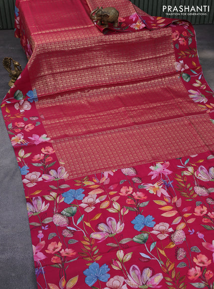 Banarasi silk saree dark pink with allover zari woven brocade weaves and floral digital printed border