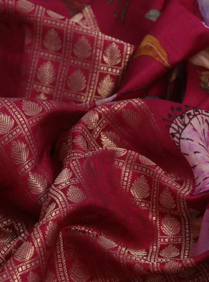 Banarasi silk saree dark pink with allover zari woven brocade weaves and floral digital printed border