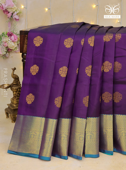 Pure kanchipuram silk saree deep violet and dual shade of blue with zari woven buttas and rich zari woven border