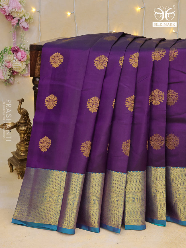 Pure kanchipuram silk saree deep violet and dual shade of blue with zari woven buttas and rich zari woven border