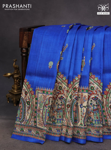 Madhubani printed silk saree royal blue and cream with allover madhubani prints & buttas and long madhubani printed border