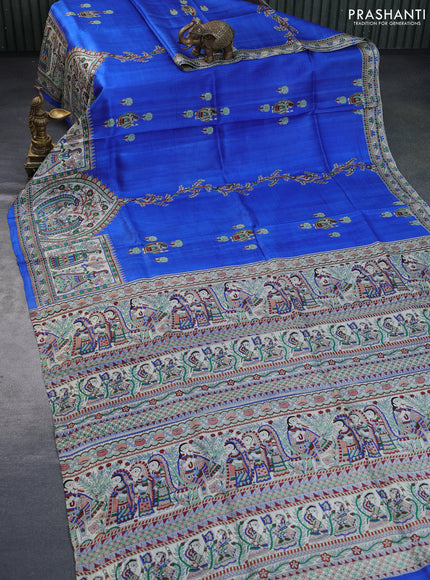 Madhubani printed silk saree royal blue and cream with allover madhubani prints & buttas and long madhubani printed border