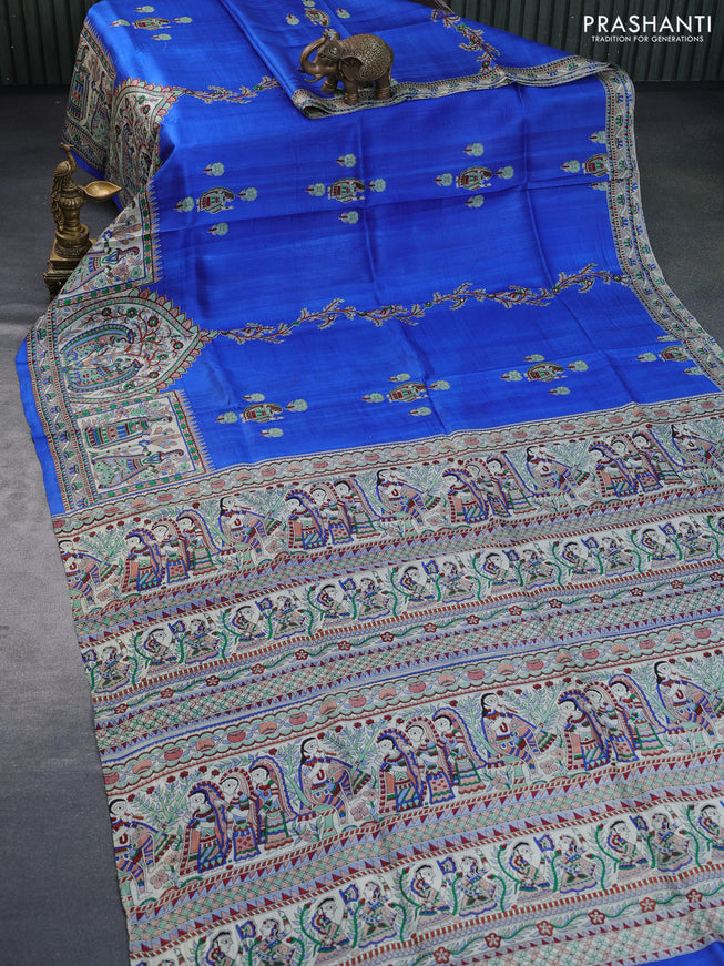 Madhubani printed silk saree royal blue and cream with allover madhubani prints & buttas and long madhubani printed border