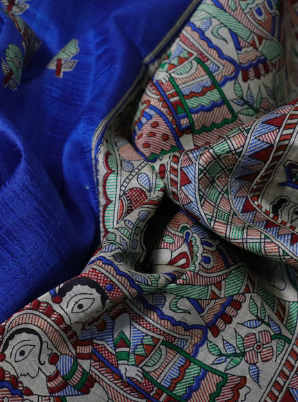 Madhubani printed silk saree royal blue and cream with allover madhubani prints & buttas and long madhubani printed border