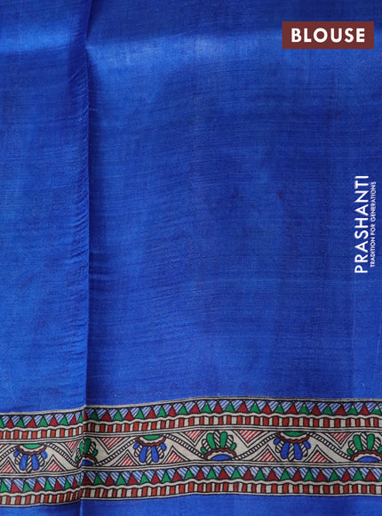 Madhubani printed silk saree royal blue and cream with allover madhubani prints & buttas and long madhubani printed border