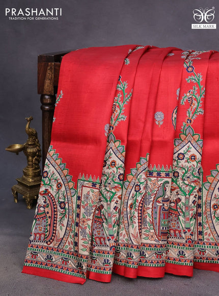 Madhubani printed silk saree red and cream with allover madhubani prints & buttas and long madhubani printed border