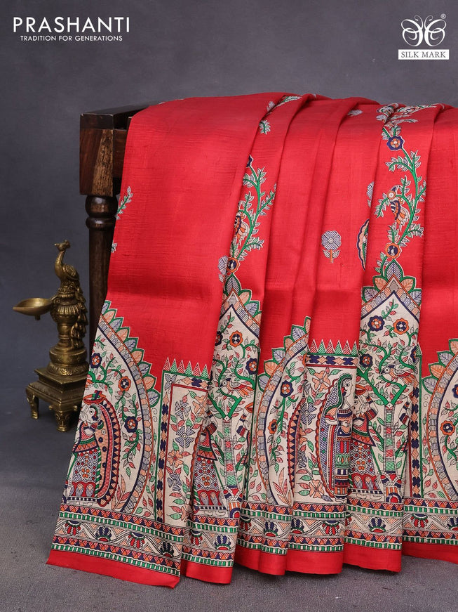 Madhubani printed silk saree red and cream with allover madhubani prints & buttas and long madhubani printed border