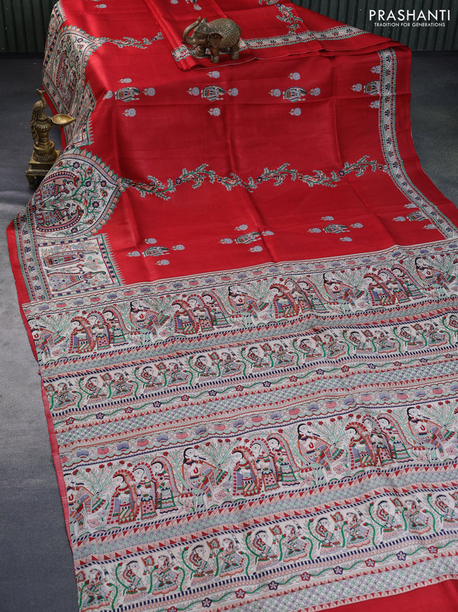 Madhubani printed silk saree red and cream with allover madhubani prints & buttas and long madhubani printed border