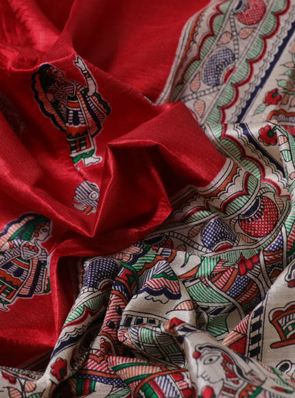 Madhubani printed silk saree red and cream with allover madhubani prints & buttas and long madhubani printed border