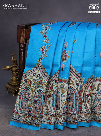 Madhubani printed silk saree cs blue and cream with allover madhubani prints & buttas and long madhubani printed border