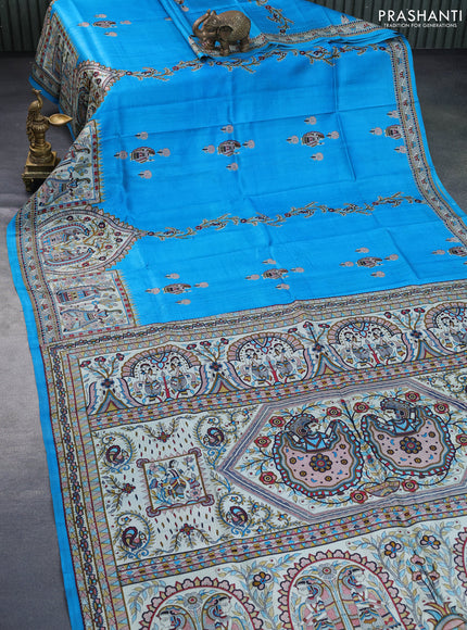 Madhubani printed silk saree cs blue and cream with allover madhubani prints & buttas and long madhubani printed border