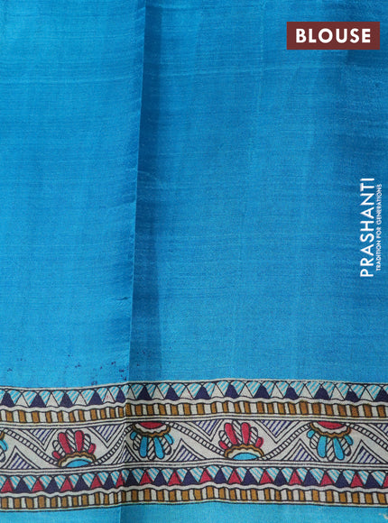 Madhubani printed silk saree cs blue and cream with allover madhubani prints & buttas and long madhubani printed border