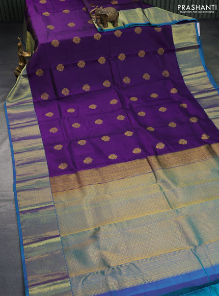 Pure kanchipuram silk saree deep violet and dual shade of blue with zari woven buttas and rich zari woven border