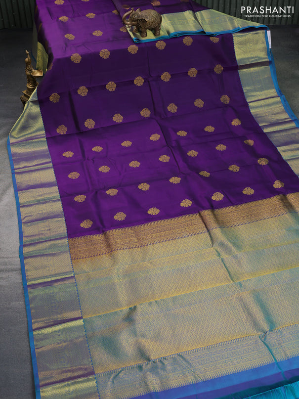 Pure kanchipuram silk saree deep violet and dual shade of blue with zari woven buttas and rich zari woven border