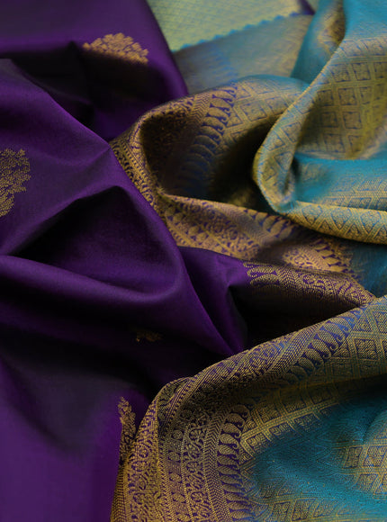 Pure kanchipuram silk saree deep violet and dual shade of blue with zari woven buttas and rich zari woven border