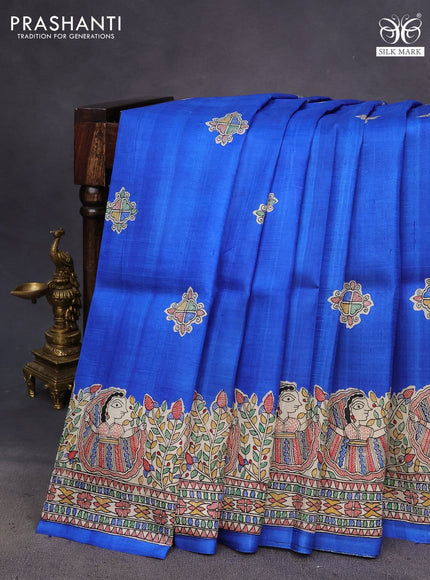 Madhubani printed silk saree blue and cream with butta prints and madhubani printed border