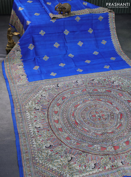 Madhubani printed silk saree blue and cream with butta prints and madhubani printed border