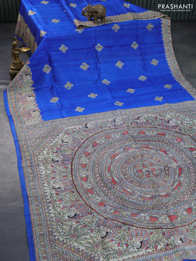 Madhubani printed silk saree blue and cream with butta prints and madhubani printed border