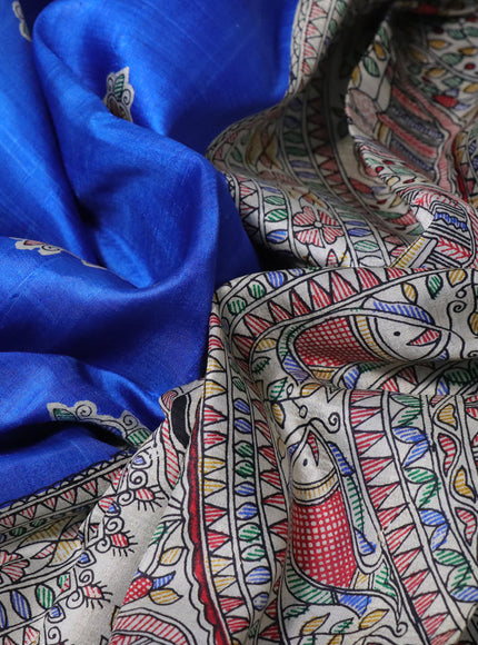 Madhubani printed silk saree blue and cream with butta prints and madhubani printed border