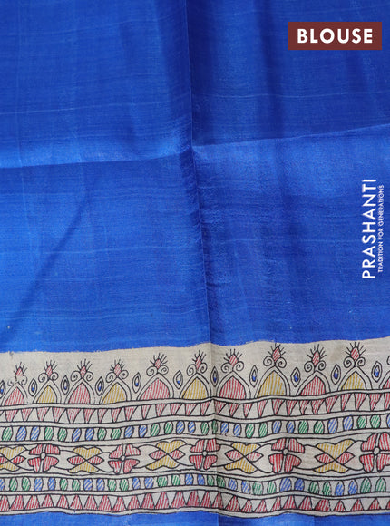 Madhubani printed silk saree blue and cream with butta prints and madhubani printed border