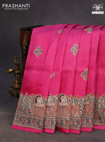 Madhubani printed silk saree pink and cream with butta prints and madhubani printed border