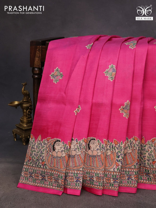 Madhubani printed silk saree pink and cream with butta prints and madhubani printed border