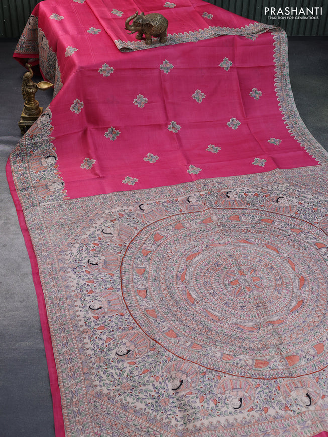 Madhubani printed silk saree pink and cream with butta prints and madhubani printed border