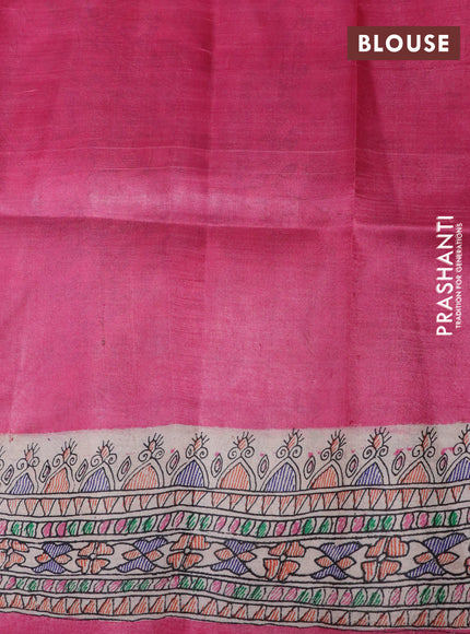 Madhubani printed silk saree pink and cream with butta prints and madhubani printed border