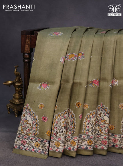 Madhubani printed silk saree pastel green and cream with allover butta prints and madhubani printed border