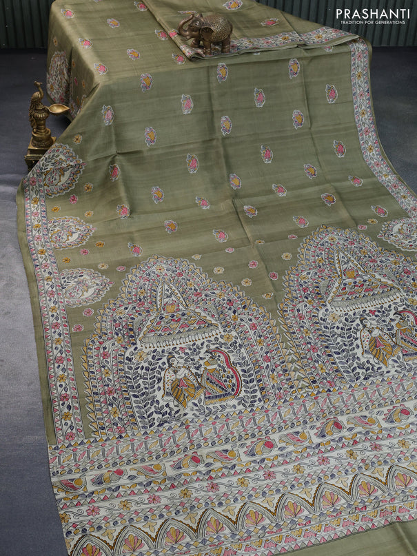 Madhubani printed silk saree pastel green and cream with allover butta prints and madhubani printed border