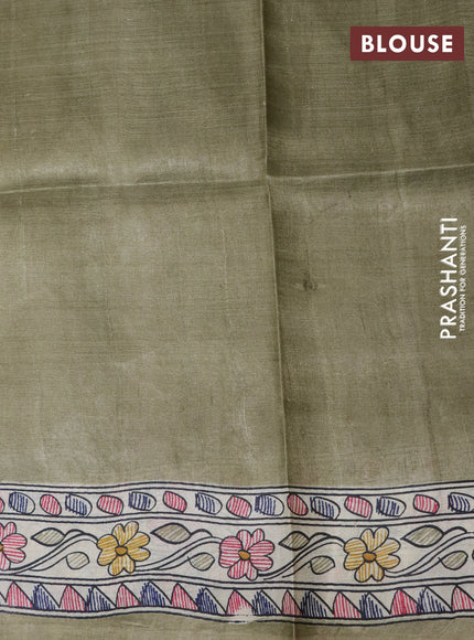 Madhubani printed silk saree pastel green and cream with allover butta prints and madhubani printed border