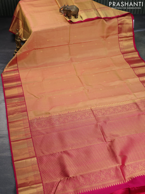 Pure kanchipuram silk saree dual shade of sandal and pink with allover small zari checks & buttas and rich zari woven border