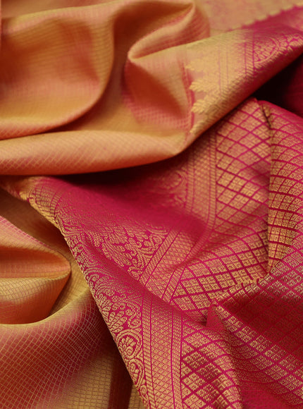 Pure kanchipuram silk saree dual shade of sandal and pink with allover small zari checks & buttas and rich zari woven border