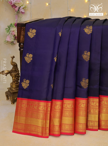 Pure kanchipuram silk saree blue and pink with floral zari woven buttas and zari woven border