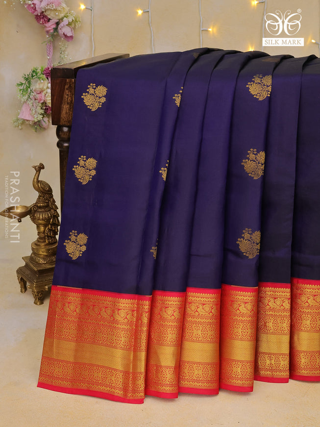 Pure kanchipuram silk saree blue and pink with floral zari woven buttas and zari woven border